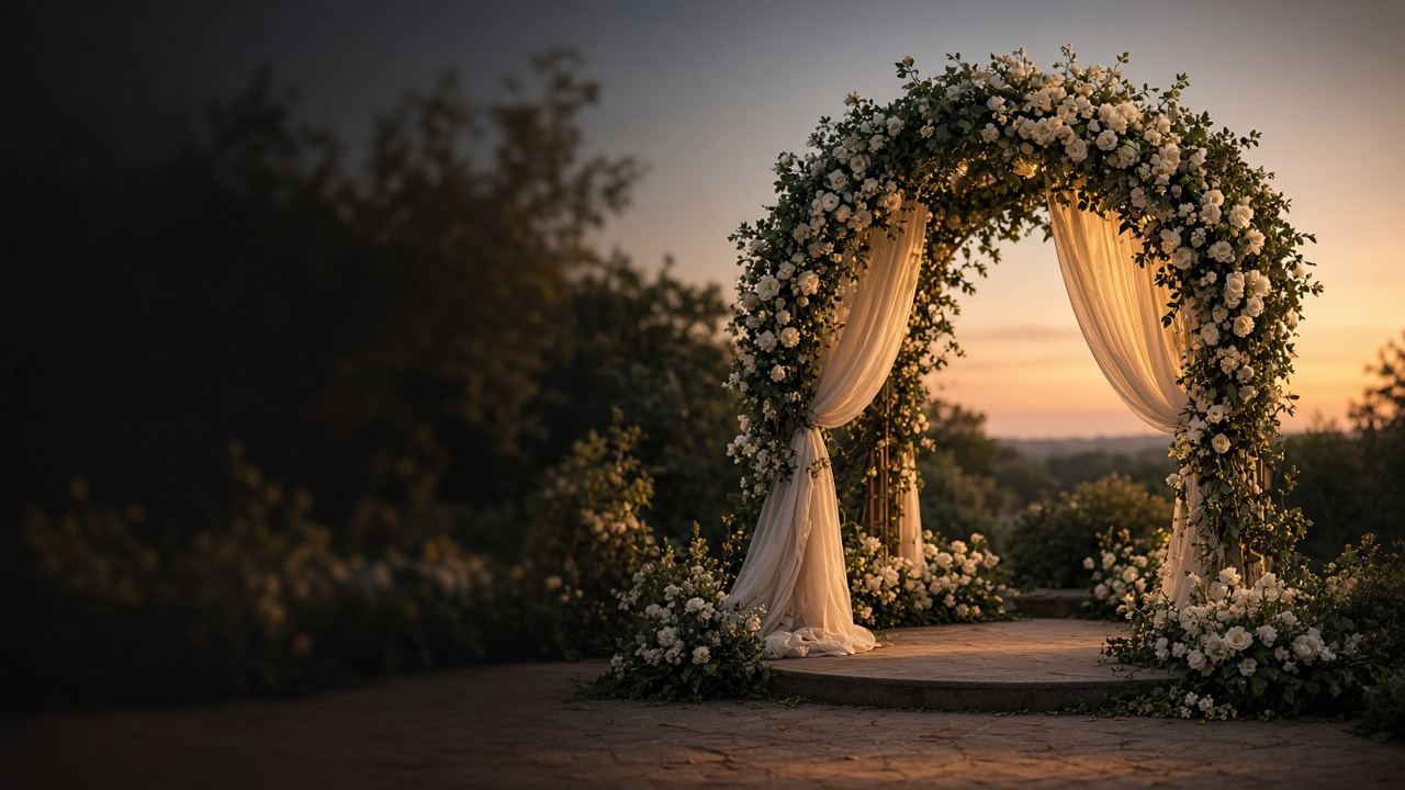 Elegant celebration floral arch under an open sky
