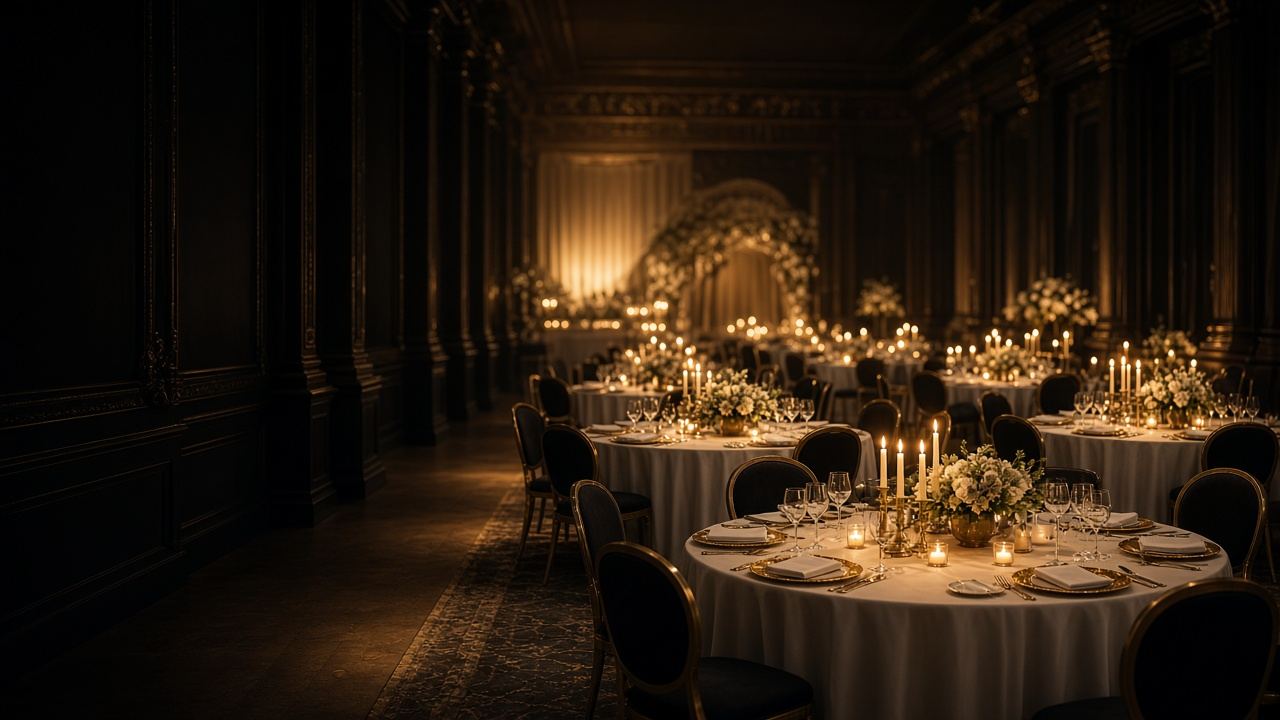 Reception tables set for guests at an evening celebration