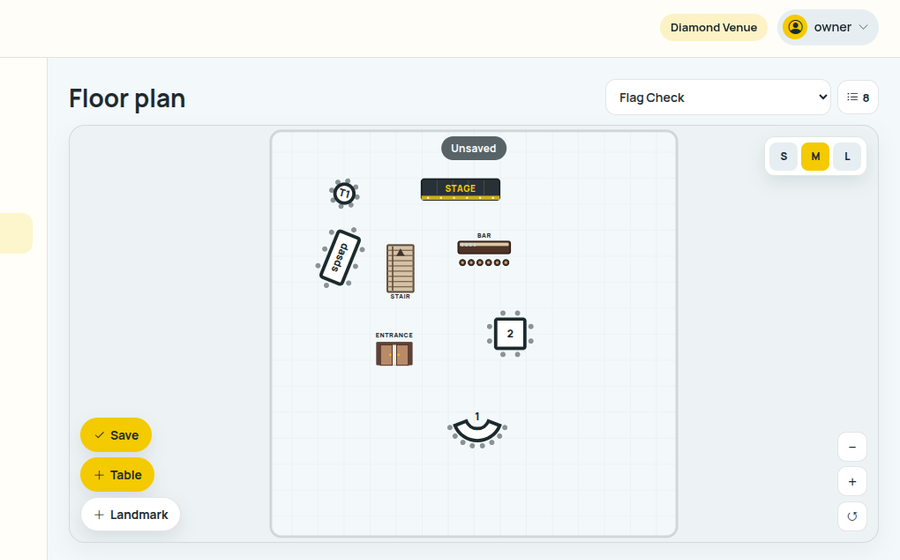 EventSeating floor plan editor with tables, stage, and landmarks