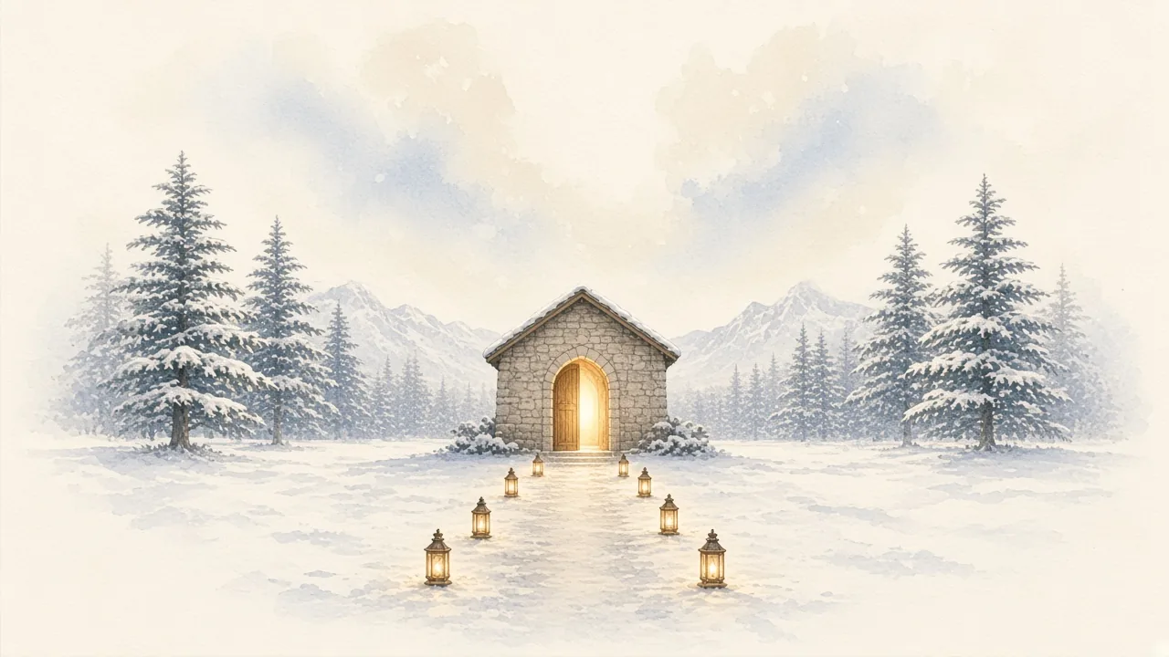 Winter chapel with lanterns